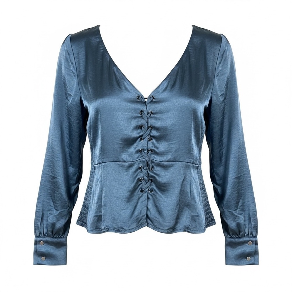 I MADELINE Blue Satin Corset Lace Up‎ Peplum Blouse Long Sleeve Women L